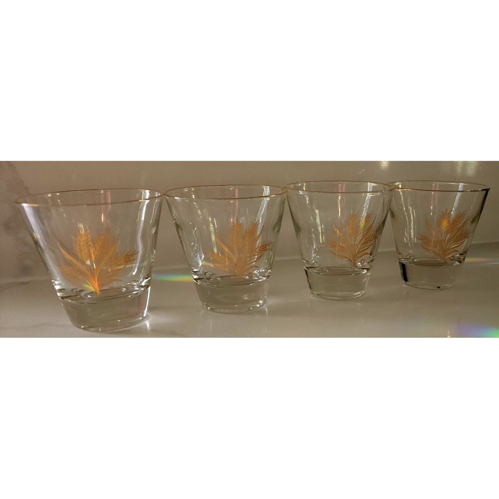 Rare MCM Libbey 4 Oz Gold Wheat And‎ Gold Rimmed Whiskey Glasses Set Of Four